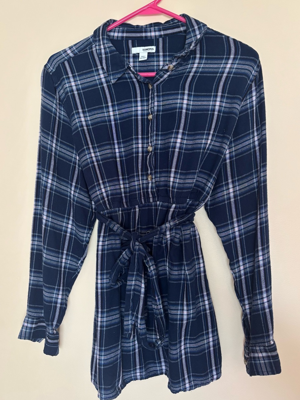 Sonoma Navy Plaid Tie-Waist Long Sleeve Dress